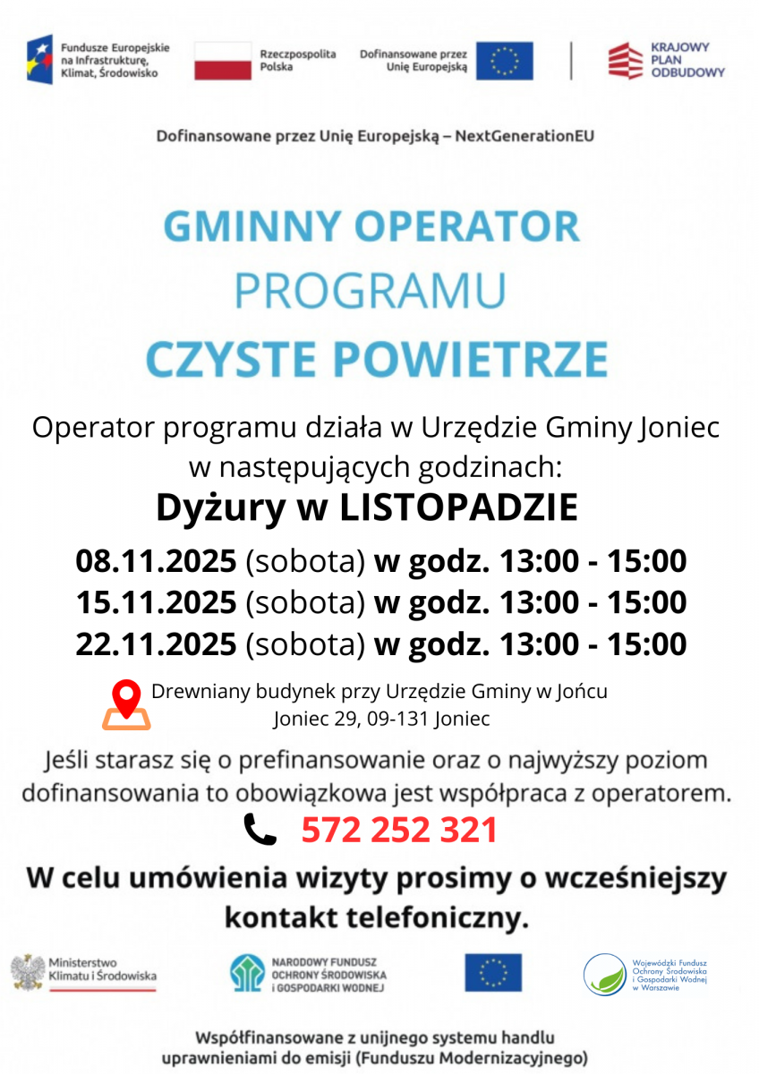 Dyżury Operatora Programu Priorytetowego Czyste Powietrze - listopad