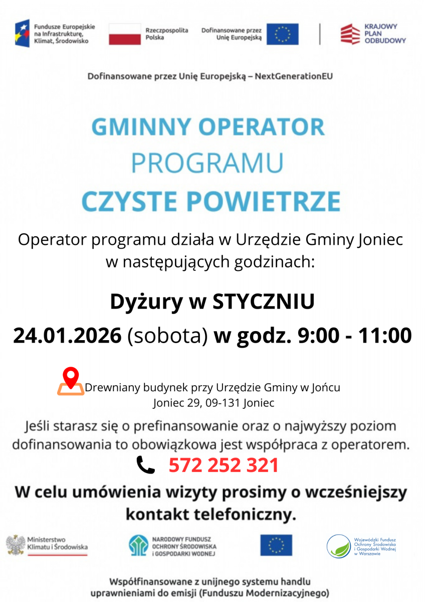 Dyżury Operatora Programu Priorytetowego Czyste Powietrze - styczeń