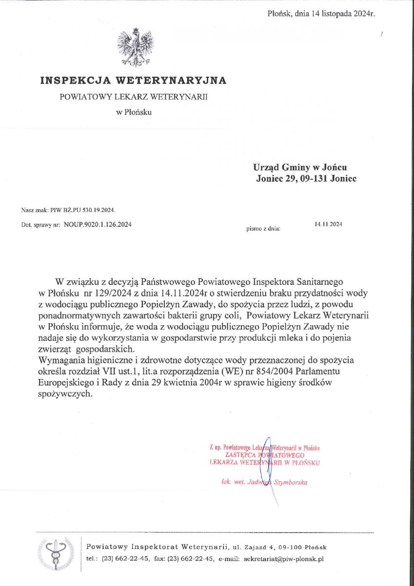 Ważny komunikat !!! - Woda z wodociągu publicznego NIE NADAJE SIĘ do wykorzystania w gospodarstwie przy produkcji mleka i do pojenia zwierząt gospodarskich