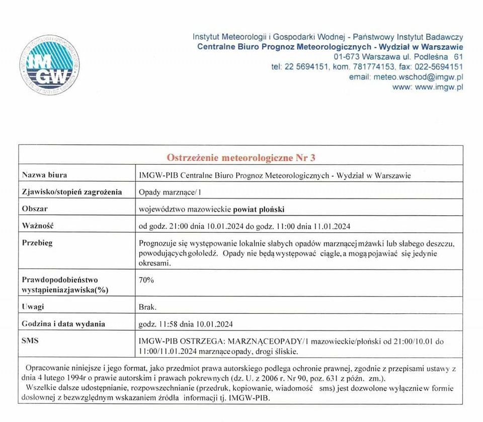 Ostrzeżenie meteorologiczne Nr 3 z dnia 10.01.2024 r.