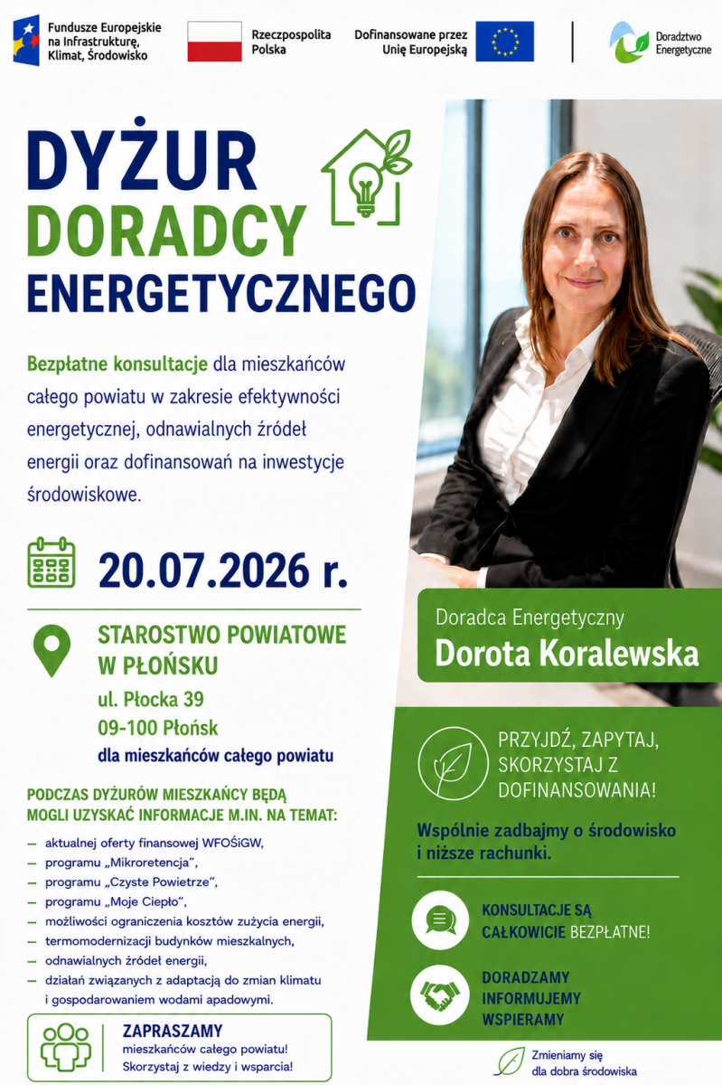 Bezpłatny dyżur Doradcy Energetycznego w Starostwie Powiatowym w Płońsku