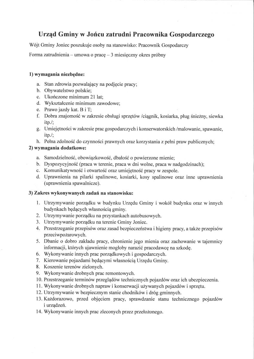 Urząd Gminy w Jońcu zatrudni Pracownika Gospodarczego