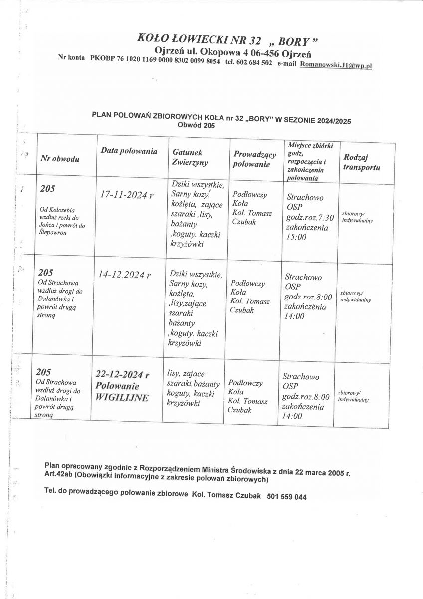 Plan Polowań Zbiorowych Koła Nr 32 ,,Bory'' w sezonie 2024/2025 Obwód 205