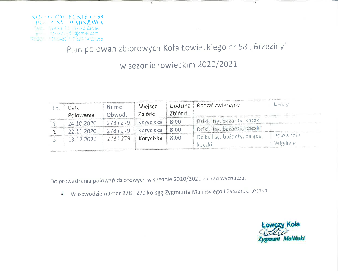 Plan polowań zbiorowych Koła Łowieckiego ,,Brzeziny