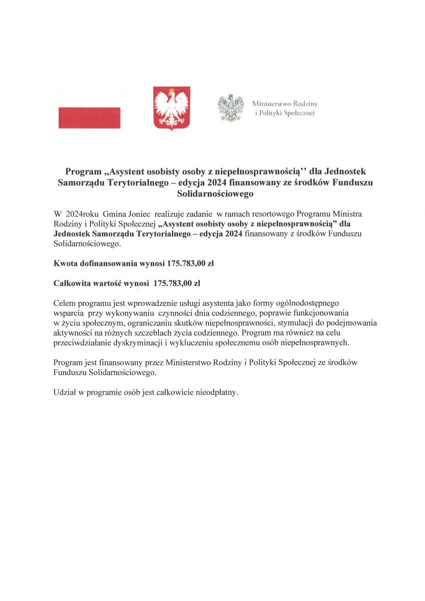 Program ,,Asystent osobisty osoby z niepełnosprawnością'' dla Jednostek Samorządu Terytorialnego - edycja 2024 finansowany ze środków Funduszu Solidarnościowego.
