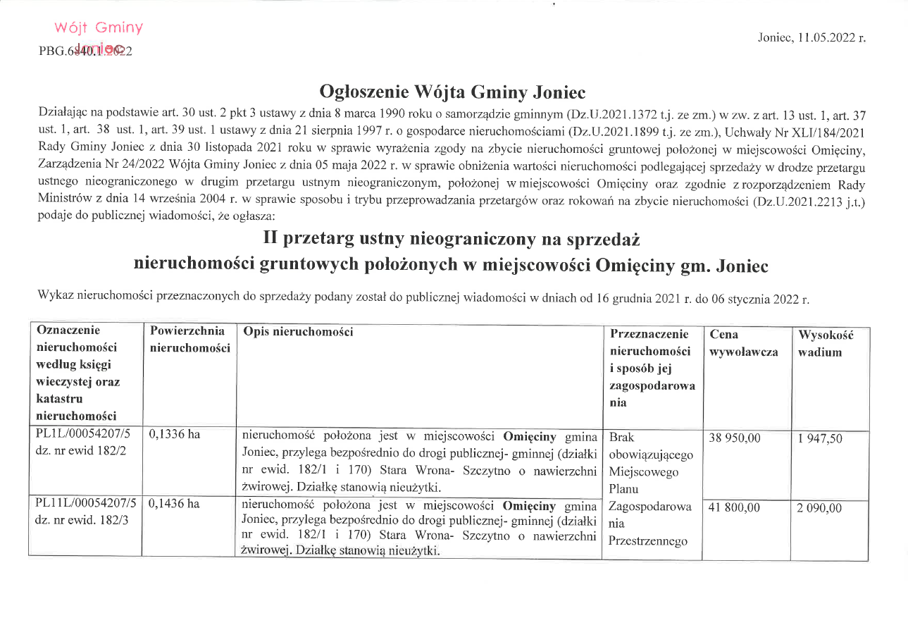 Ogłoszenie Wójta Gminy Joniec o II przetargu ustnym nieograniczonym