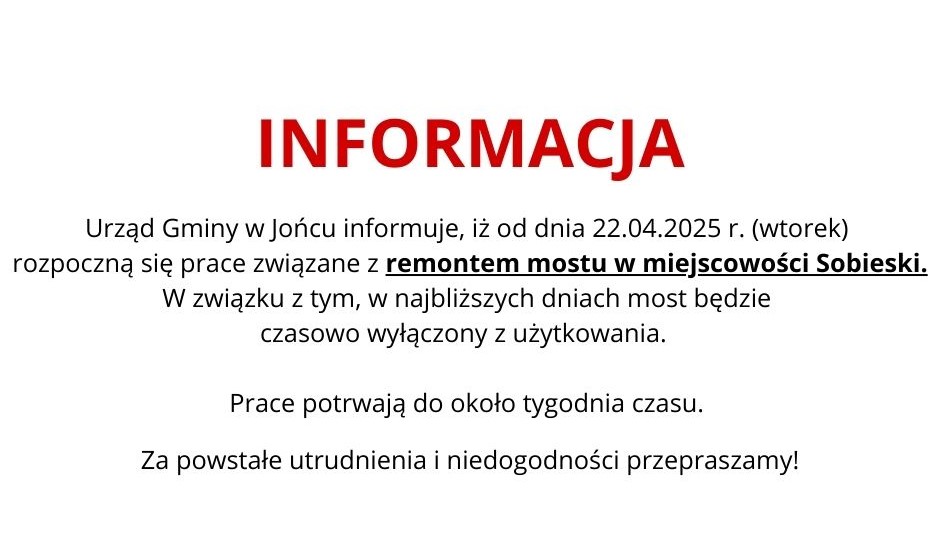Uwaga na utrudnienia! Prace remontowe mostu w miejscowości Sobieski