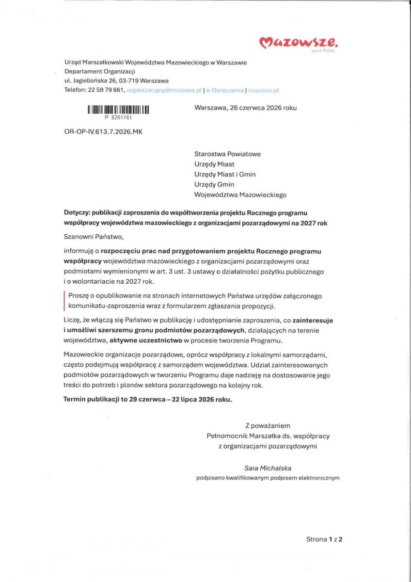 Informacja i publikacji zaproszenia do współtworzenia projektu Rocznego programu współpracy województwa mazowieckiego z organizacjami pozarządowymi na 2027 rok