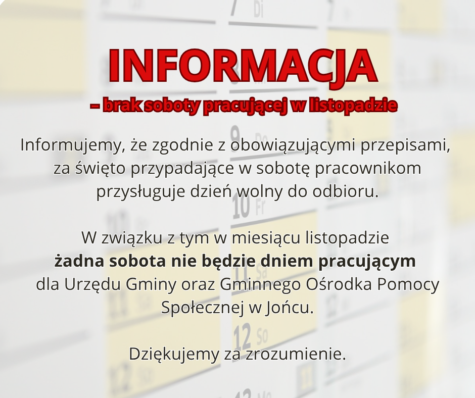Informacja - brak soboty pracującej w listopadzie