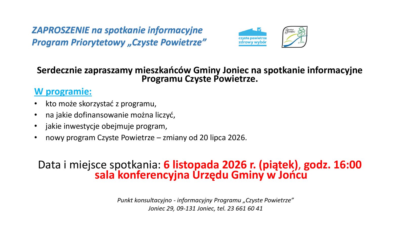Zaproszenie na spotkanie informacyjne o programie Czyste Powietrze &ndash; 6 listopada 2026