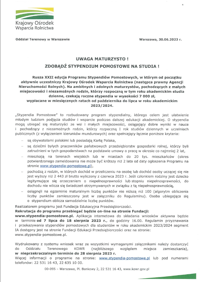 Stypendia pomostowe dla maturzystów!