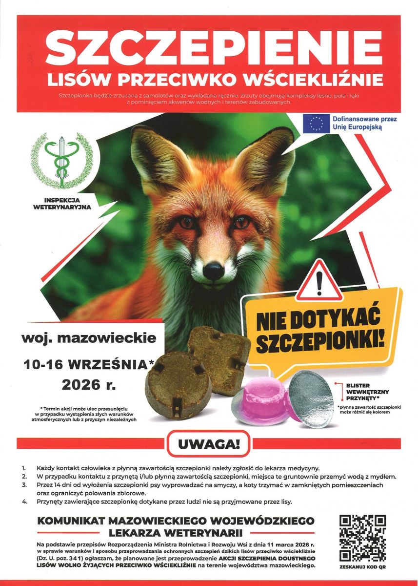 Informacja o szczepieniu lisów przeciwko wściekliźnie w dniach 10 - 16 września 2026 r.