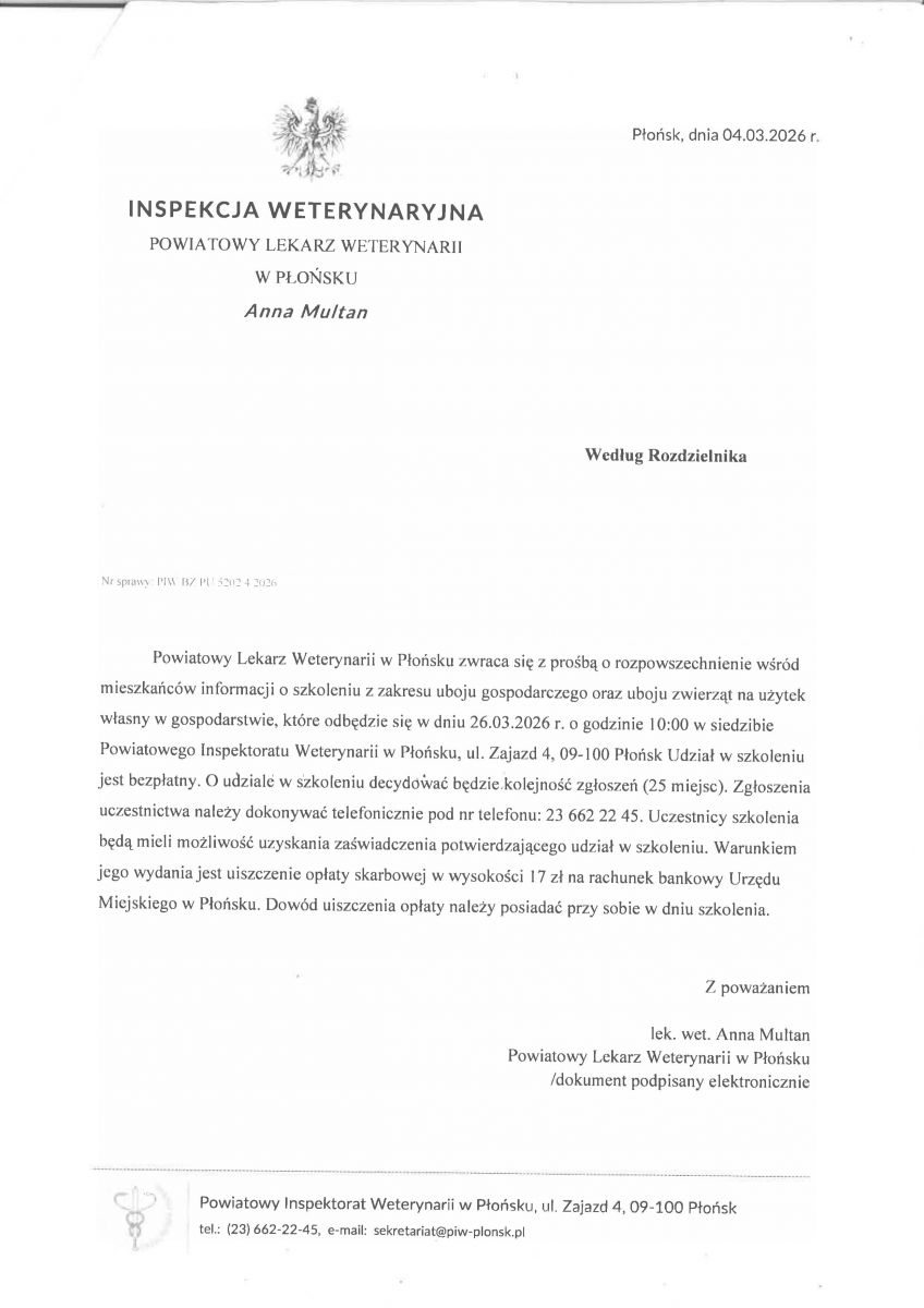 Informacja o szkoleniu z zakresu uboju gospodarczego
