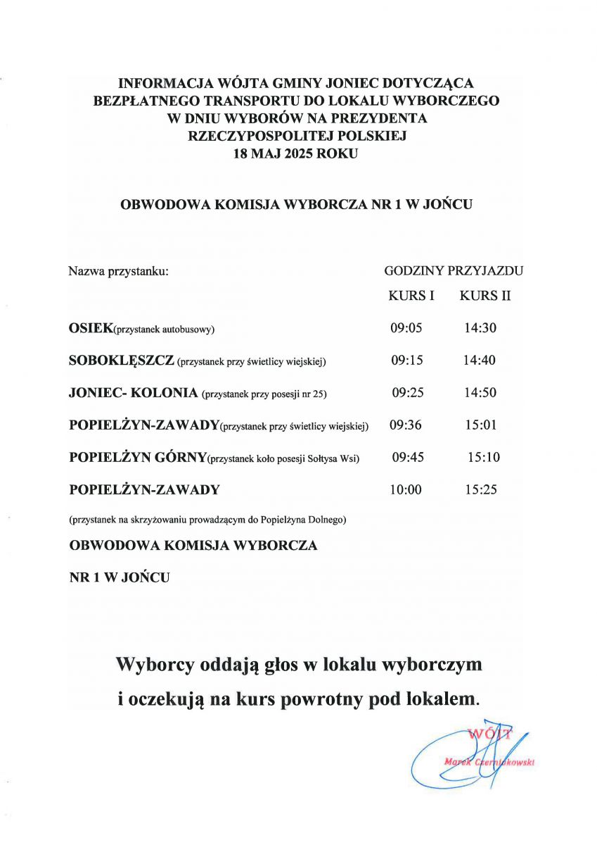 Informacja Wójta Gminy Joniec dotycząca bezpłatnego transportu do lokalu wyborczego w dniu wyborów na Prezydenta Rzeczypospolitej Polskiej 18 maja 2025 roku.