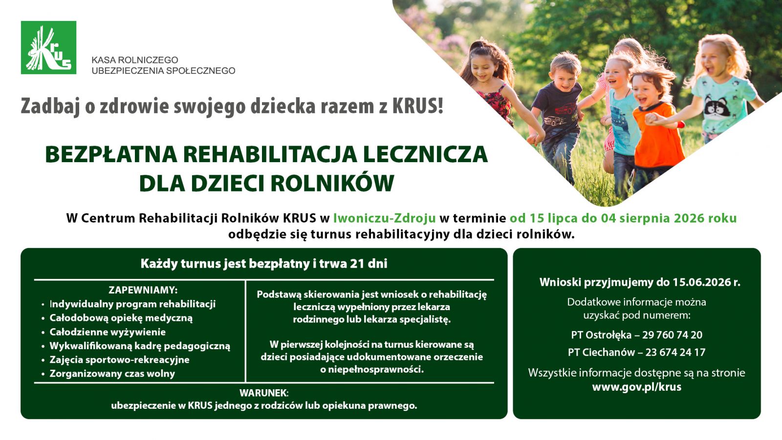 Informacja o turnusie rehabilitacyjnym dla dzieci rolników