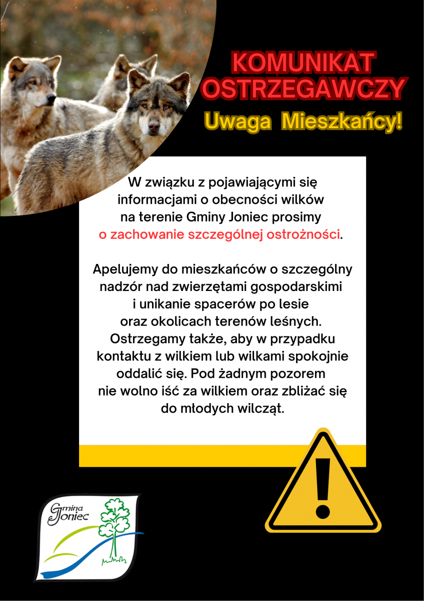 Komunikat ostrzegawczy dotyczący możliwej obecności wilków na terenie gminy Joniec