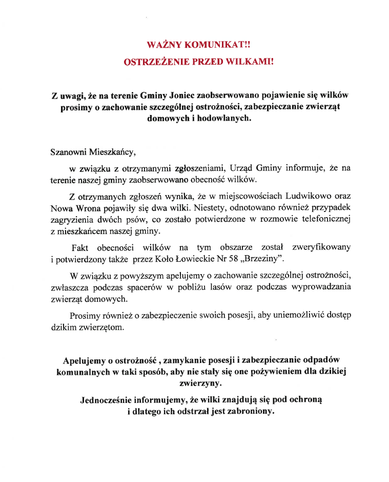 OSTRZEŻENIE PRZED WILKAMI