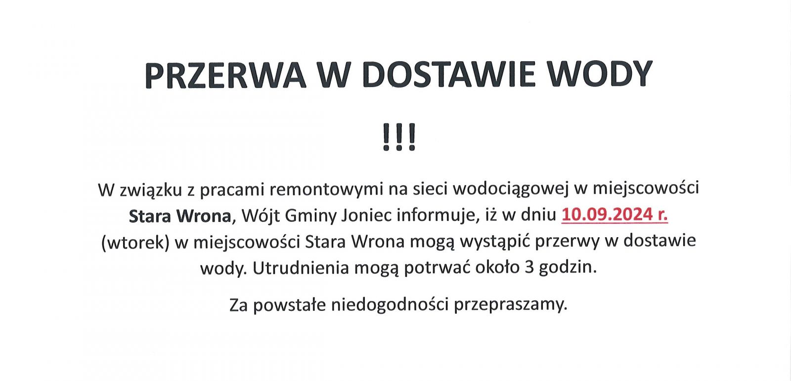 Przerwa w dostawie wody w miejscowości Stara Wrona w dniu 10.09.2024 r.