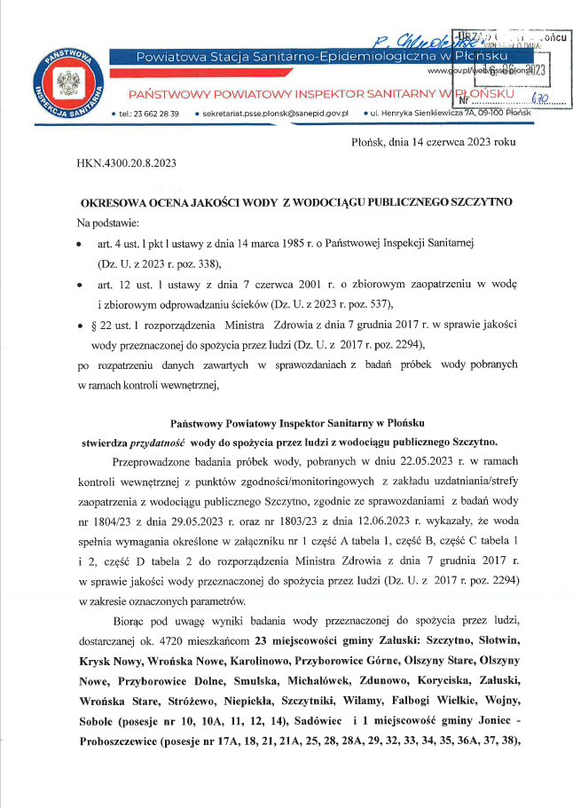 Okresowa ocena jakości wody z wodociągu publicznego Szczytno