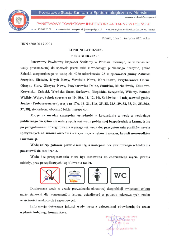 Komunikat o jakości wody z wodociągu Szczytno