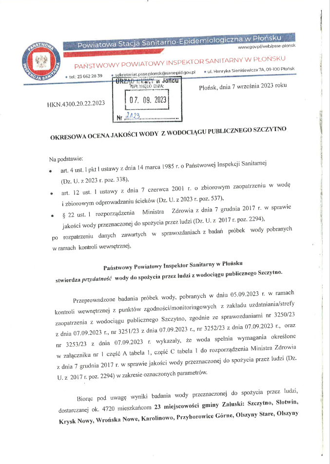 Komunikat o jakości wody z wodociągu Szczytno