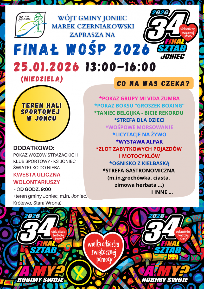 Zaproszenie na 34. Finał Wielkiej Orkiestry Świątecznej Pomocy w Jońcu