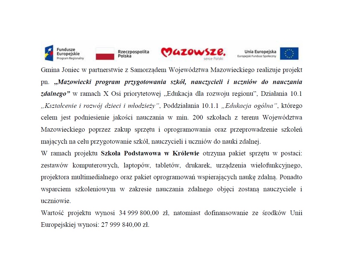 Projekt pn. „Mazowiecki program przygotowania szkół, nauczycieli i uczniów do nauczania zdalnego”