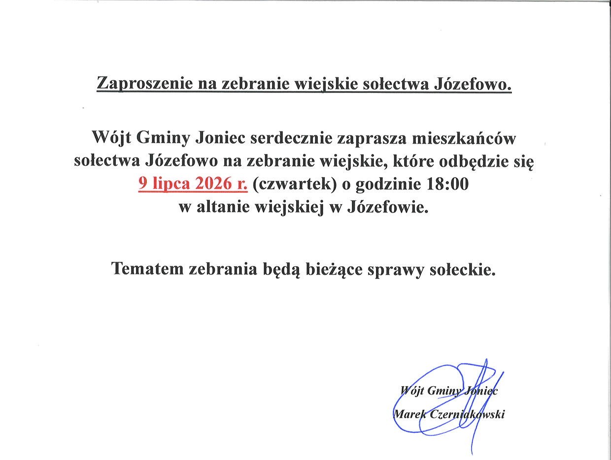 Zaproszenie na zebranie wiejskie sołectwa Józefowo
