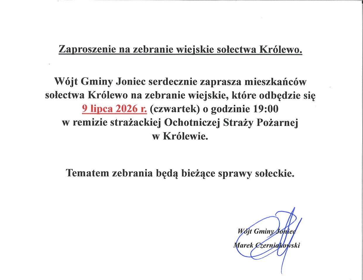 Zaproszenie na zebranie wiejskie sołectwa Królewo