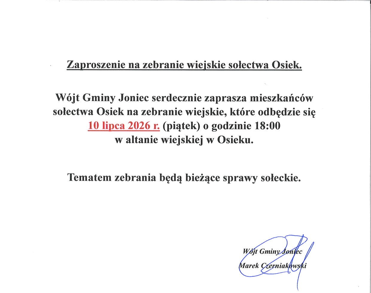Zaproszenie na zebranie wiejskie sołectwa Osiek