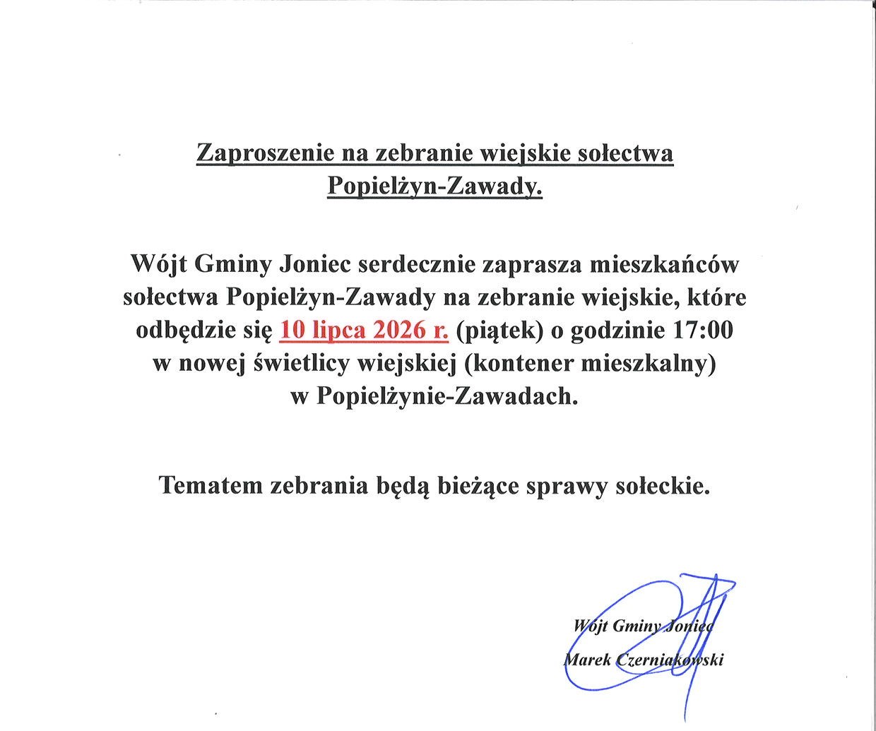 Zaproszenie na zebranie wiejskie sołectwa Popielżyn-Zawady
