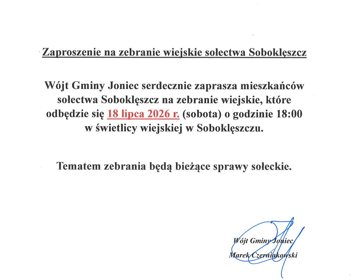 Zaproszenie na zebranie wiejskie sołectwa Soboklęszcz