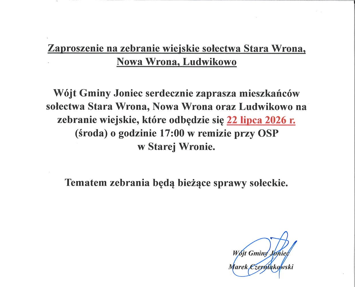Zaproszenie na zebranie wiejskie sołectw Stara Wrona, Nowa Wrona, Ludwikowo